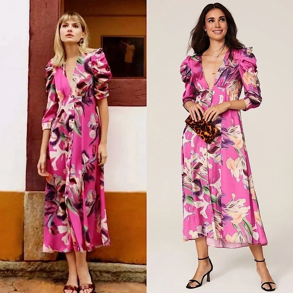 puff sleeve plunge midi dress MAX STUDIO Women's Puff Sleeve Plunge Neck Midi Dress - Natural